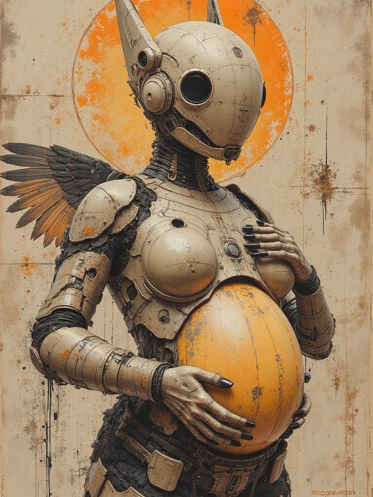 Retro-Futuristic Pregnant Cyborg in a Neon-Lit World