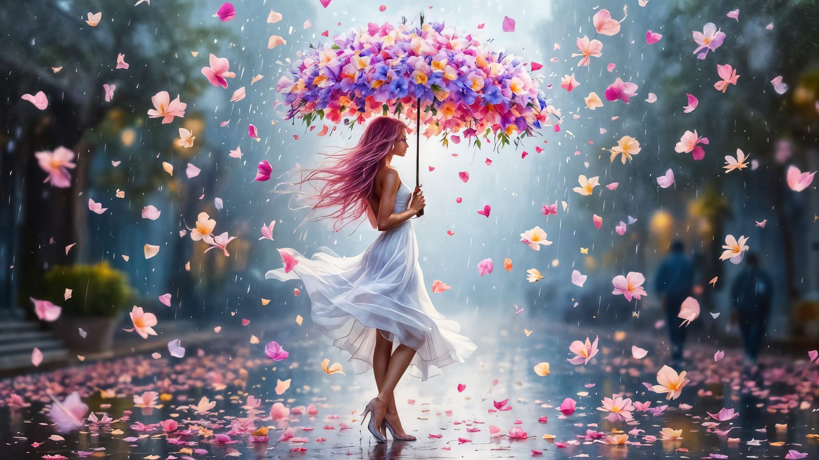 Latina Goddess Blooms in Whimsical Rainy Day Scene