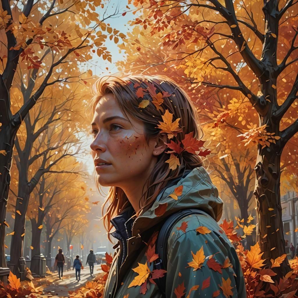 Woman and Boy in Beautiful Autumn Landscape