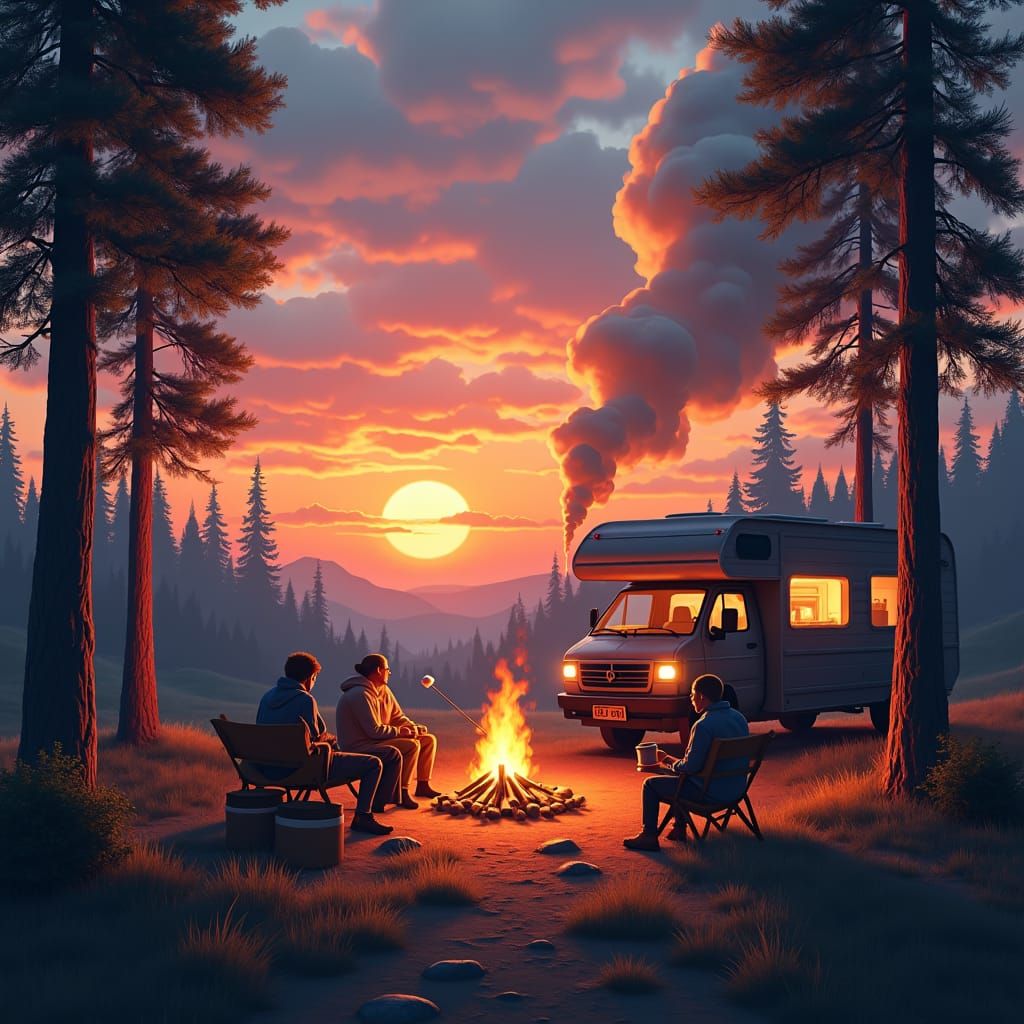 Sunset Family Camping Scene in Dreamlike Matte Painting