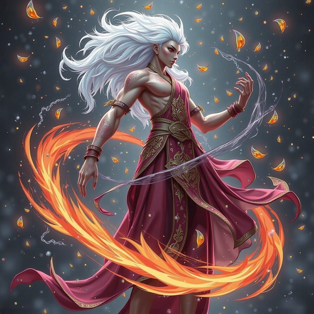Mystical Fire Cultivator with Wild White Hair and Crimson Ey...