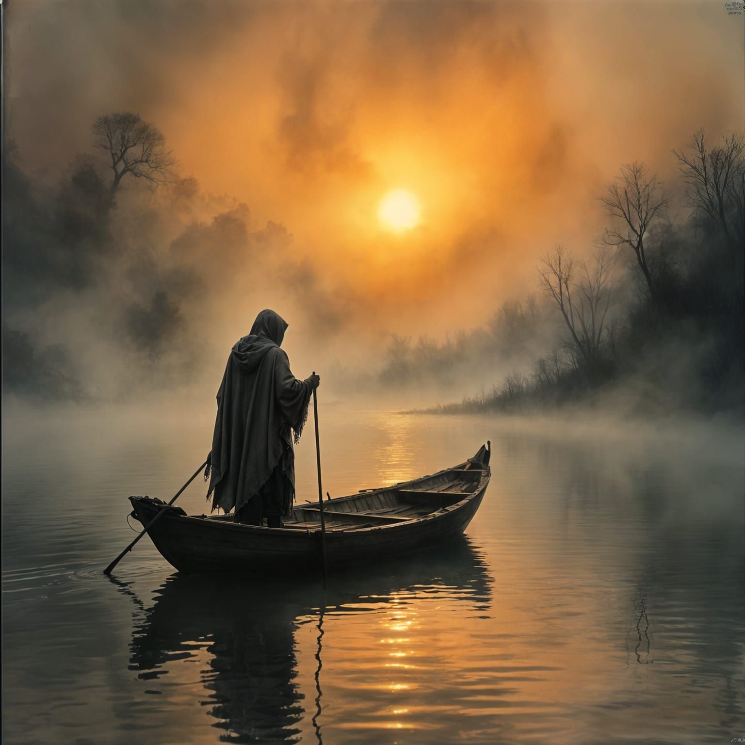 Eerie, Misty Lake: Hooded Figure in Watercolor