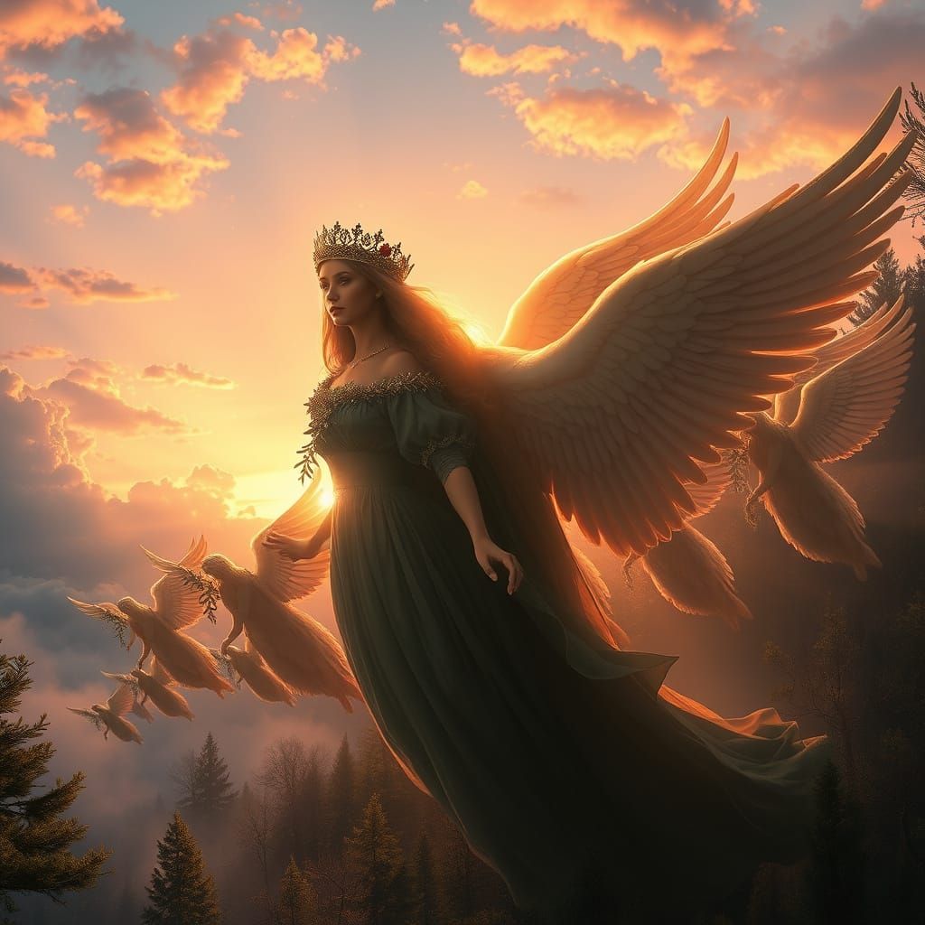 Queen Sabbath Leads Angelic Army in Twilight Sky