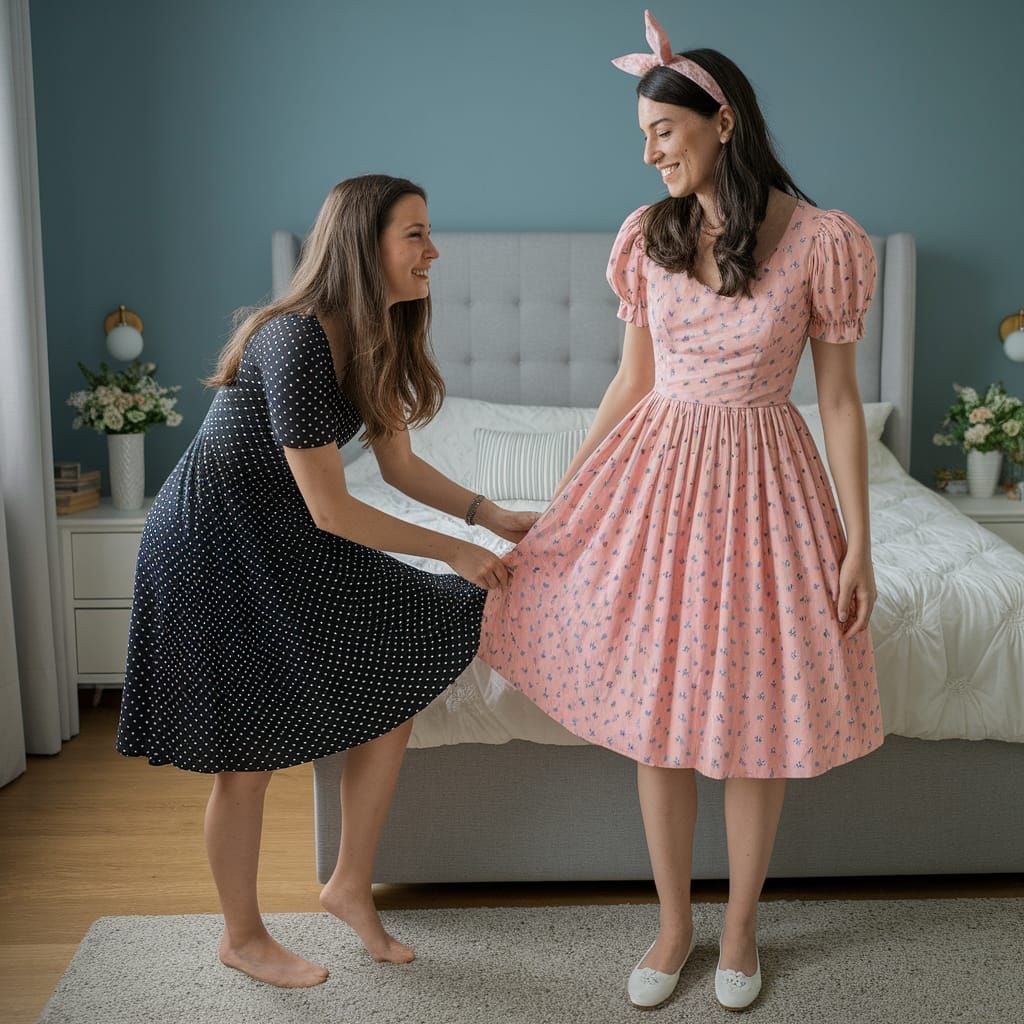 Young Woman Tugs Skirt Hem of Feminine Guy in Bedroom