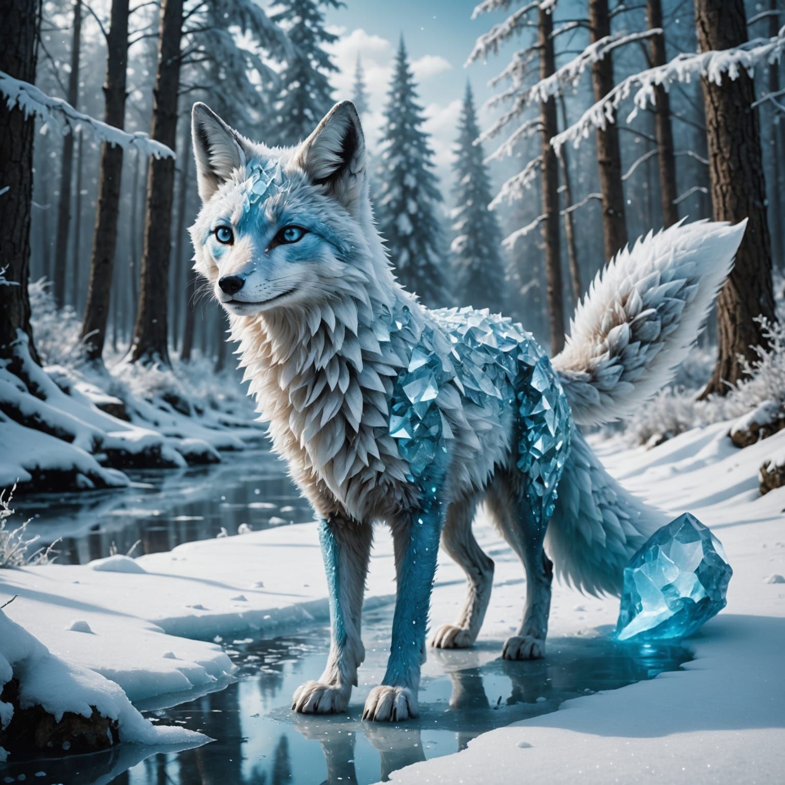 Majestic Ice Fox in Snowy Forest, Digital Painting