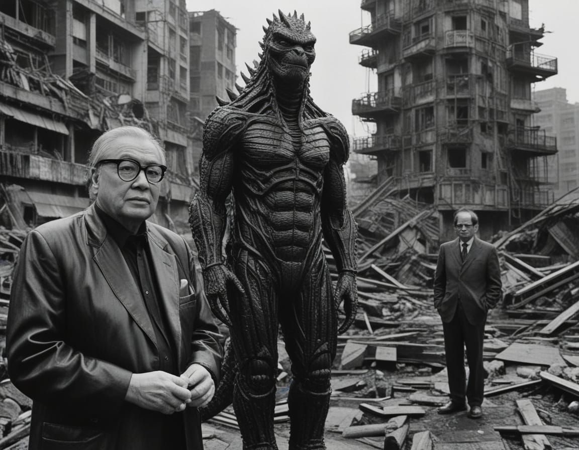 Godzilla Rises from Ruins in Retro-Futuristic Black and Whit...