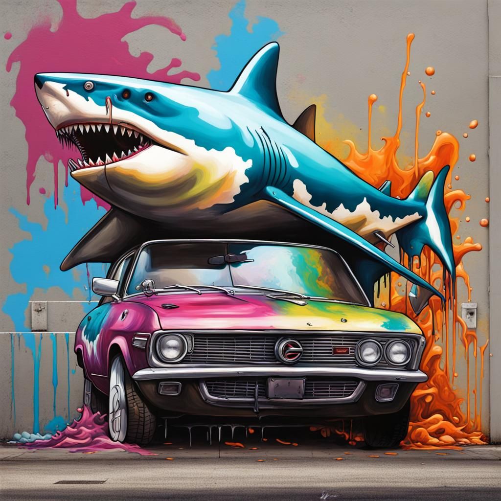 Half Car Half Shark Graffiti Splash Art