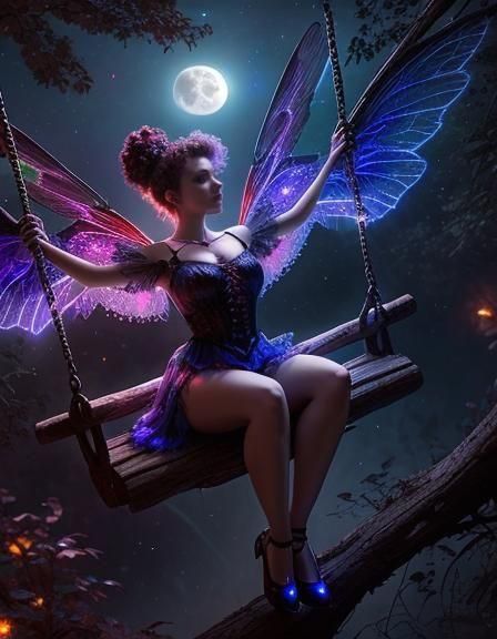 Gothic Pixie Gazing at Neon Moon in Fantasy Art