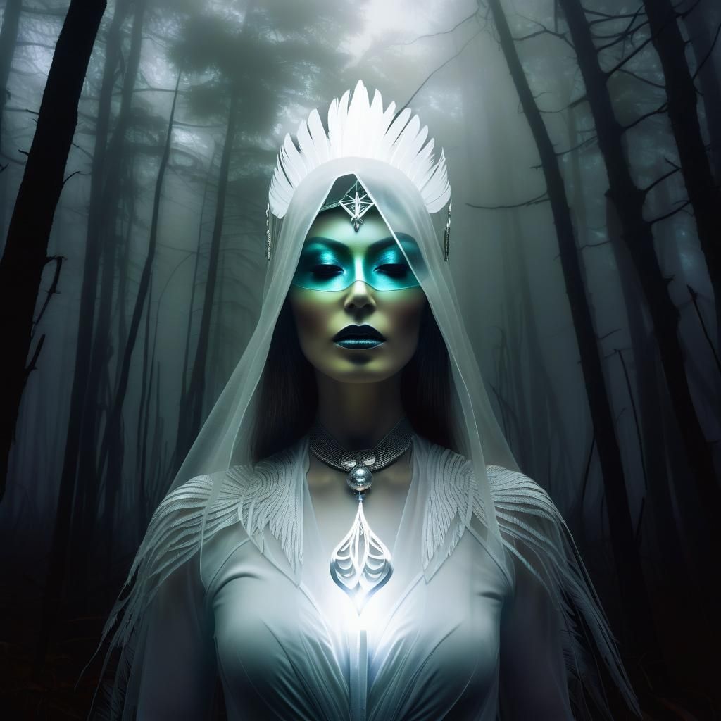 Eerie Feathered Sorceress in Dystopian Swamp