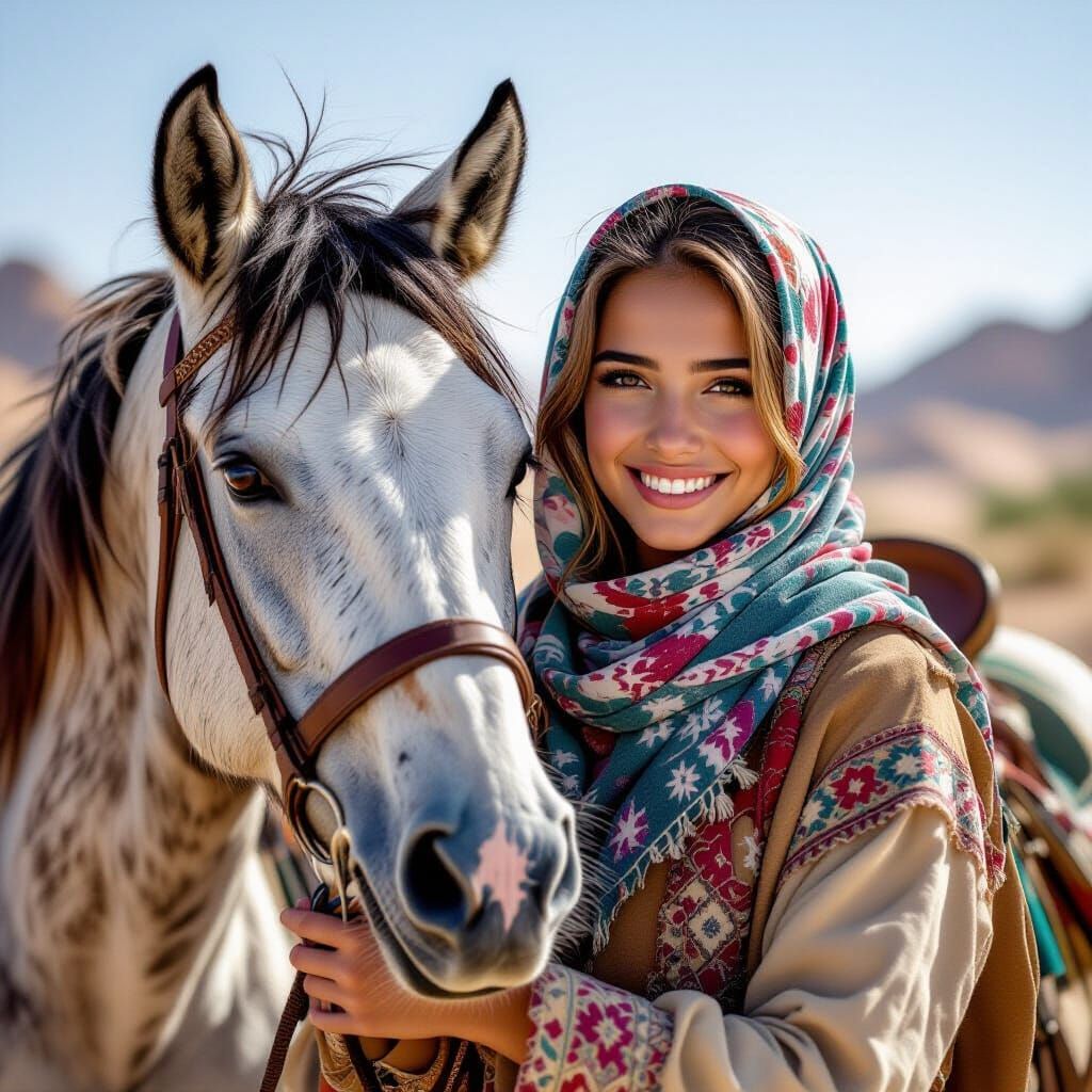 Beduin Woman and Appaloosa Horse in Oasis Oil Painting