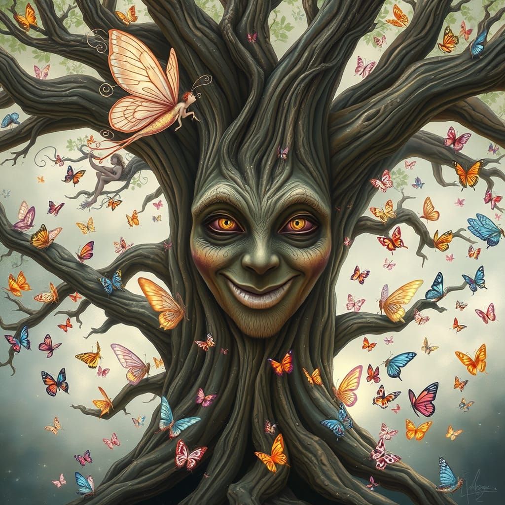 Whimsical Tree Goddess with Mischievous Fairies and Butterfl...