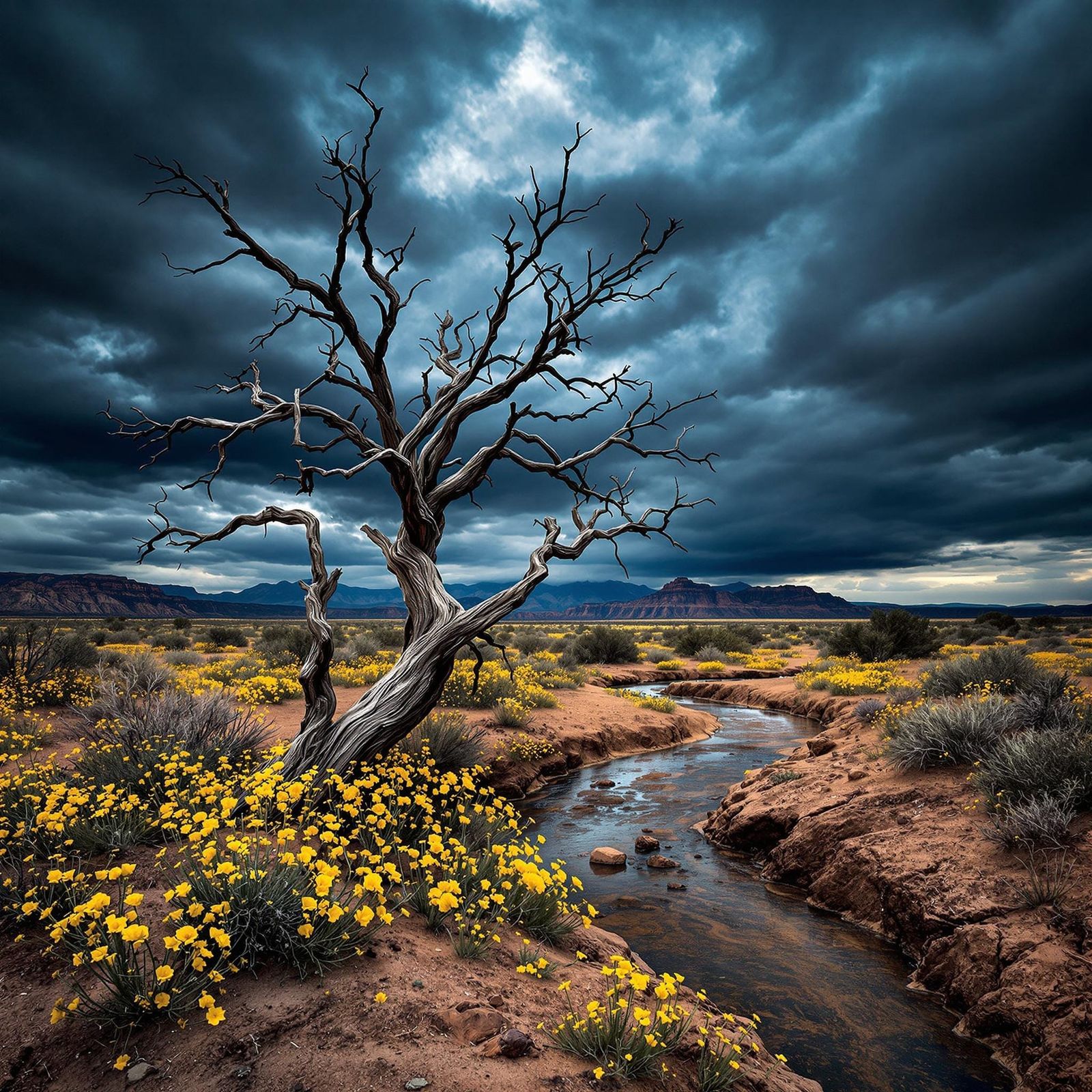 Majestic Desert Landscape with Stormy Skies and Vibrant Wild...
