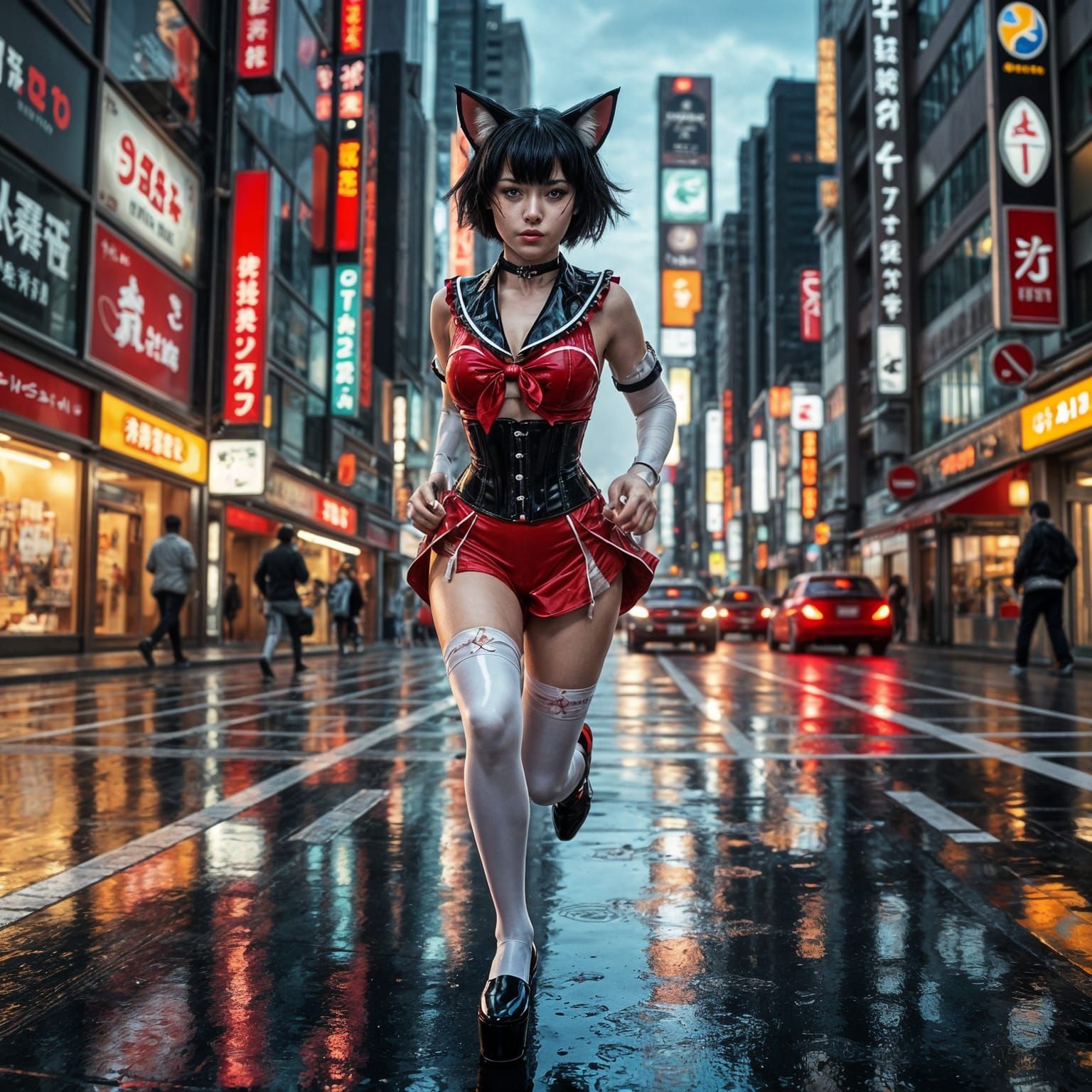 Cyberpunk Cat-Girl in Red Seifuku Uniform Runs Tokyo Streets