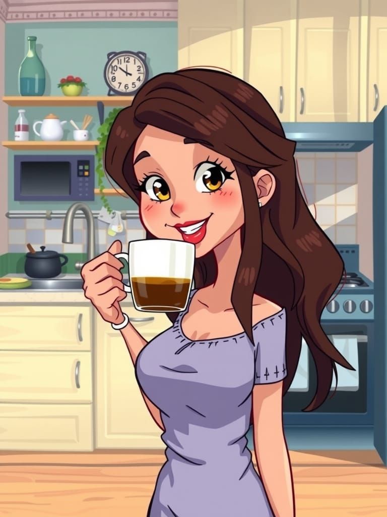 Animated Woman with Coffee Cup in Bright Kitchen