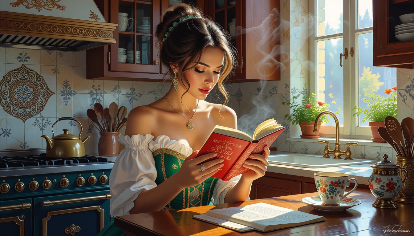 Ornate Coffee Cup Reading by a Kitchen Corner