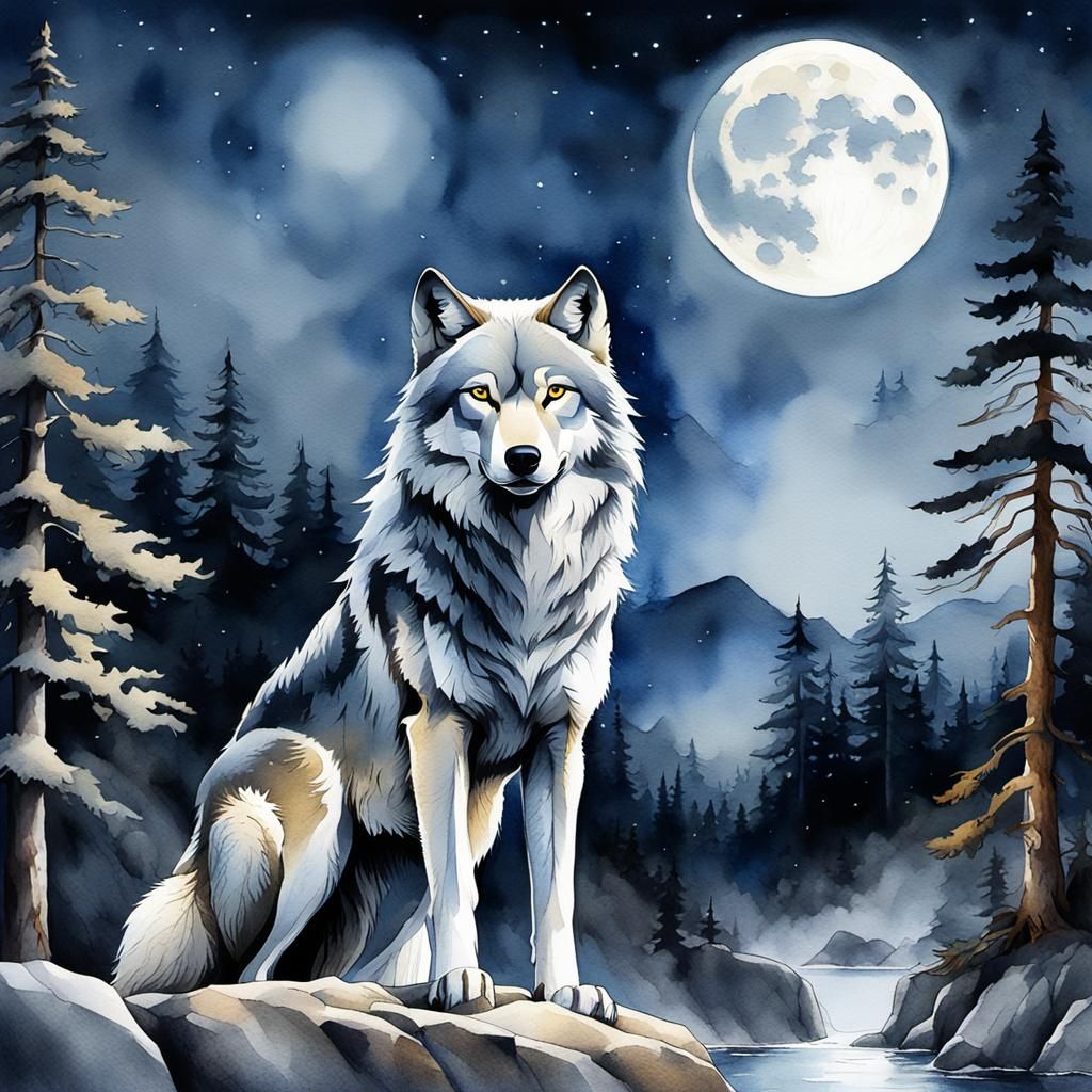 Majestic Wolf in Watercolour Under Moonlight