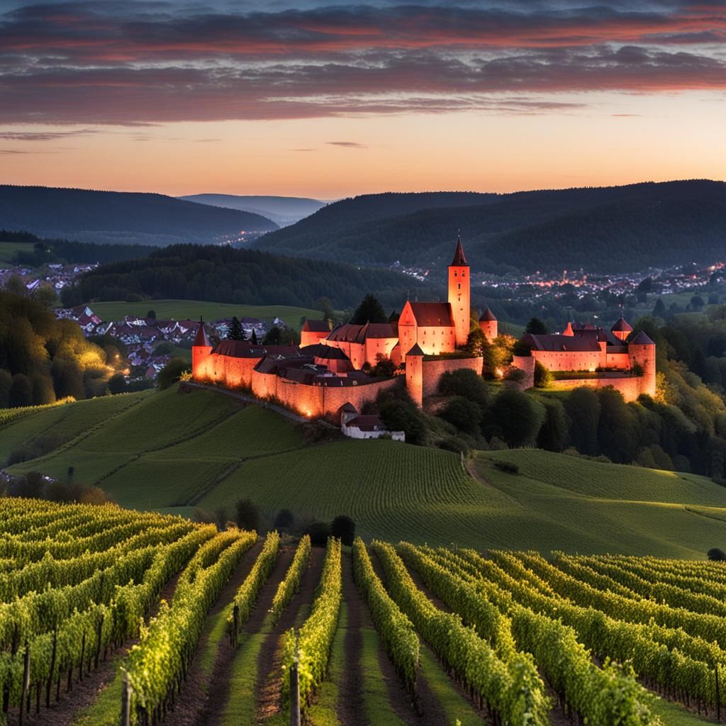 Kahla, Kleinstadt in Thüringen  umgeben von Bergen wahrzeichen auf einem Weinberg ist die Leuchtenburg  beleuchtet im Ab...