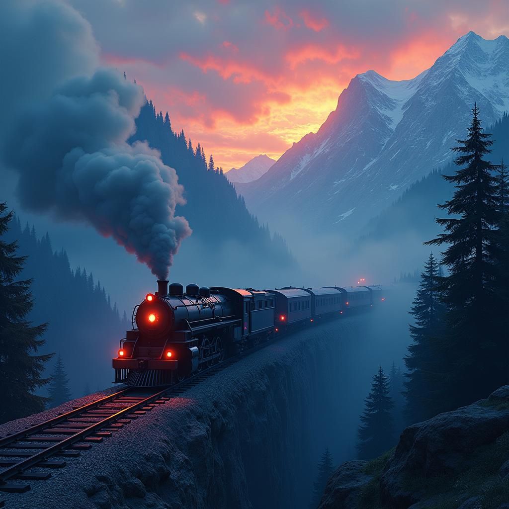 Mystical Night Train Ascending Emerald Mountains