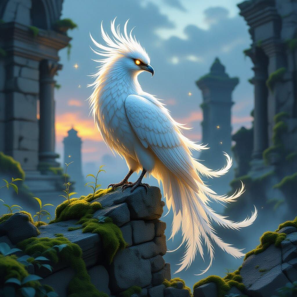 Majestic Phoenix on Ancient Ruins in Mystical Twilight