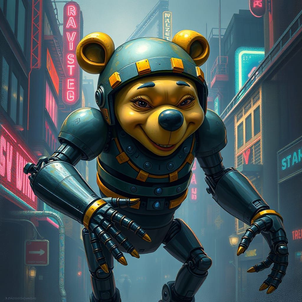 Cyberpunk Horror Meets Whimsy: Robocop-Pooh Abomination