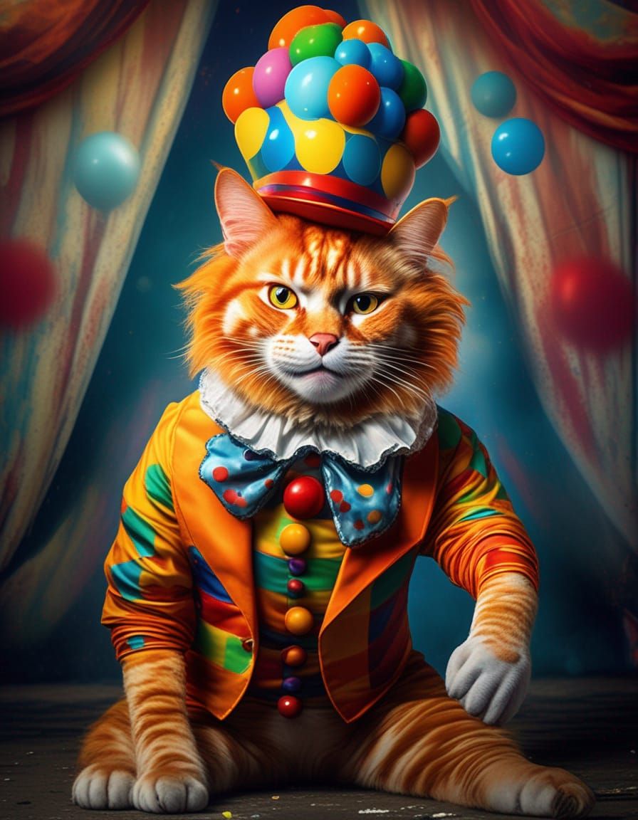 Hyperrealistic Cat Clown on Stage