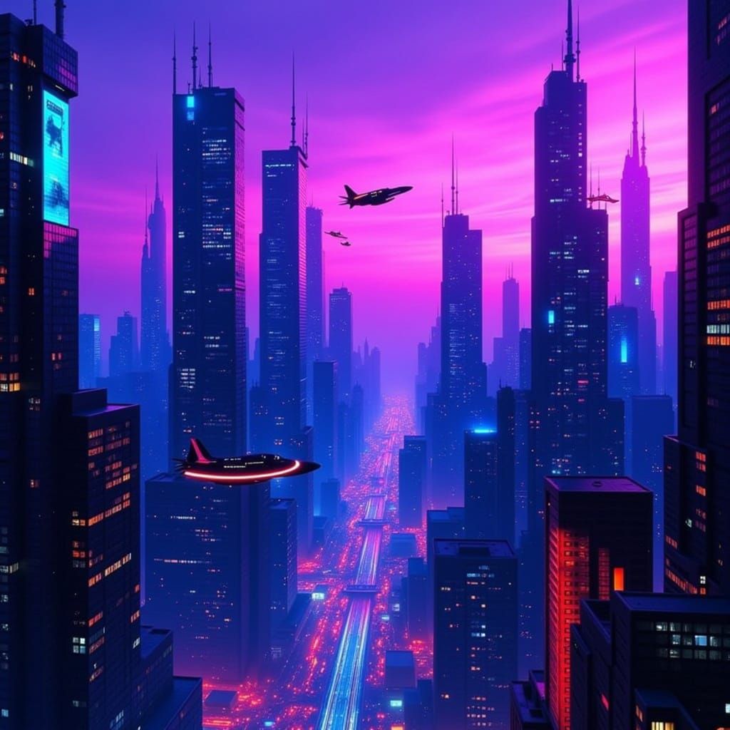 Cyberpunk Cityscape at Twilight with Neon Lights