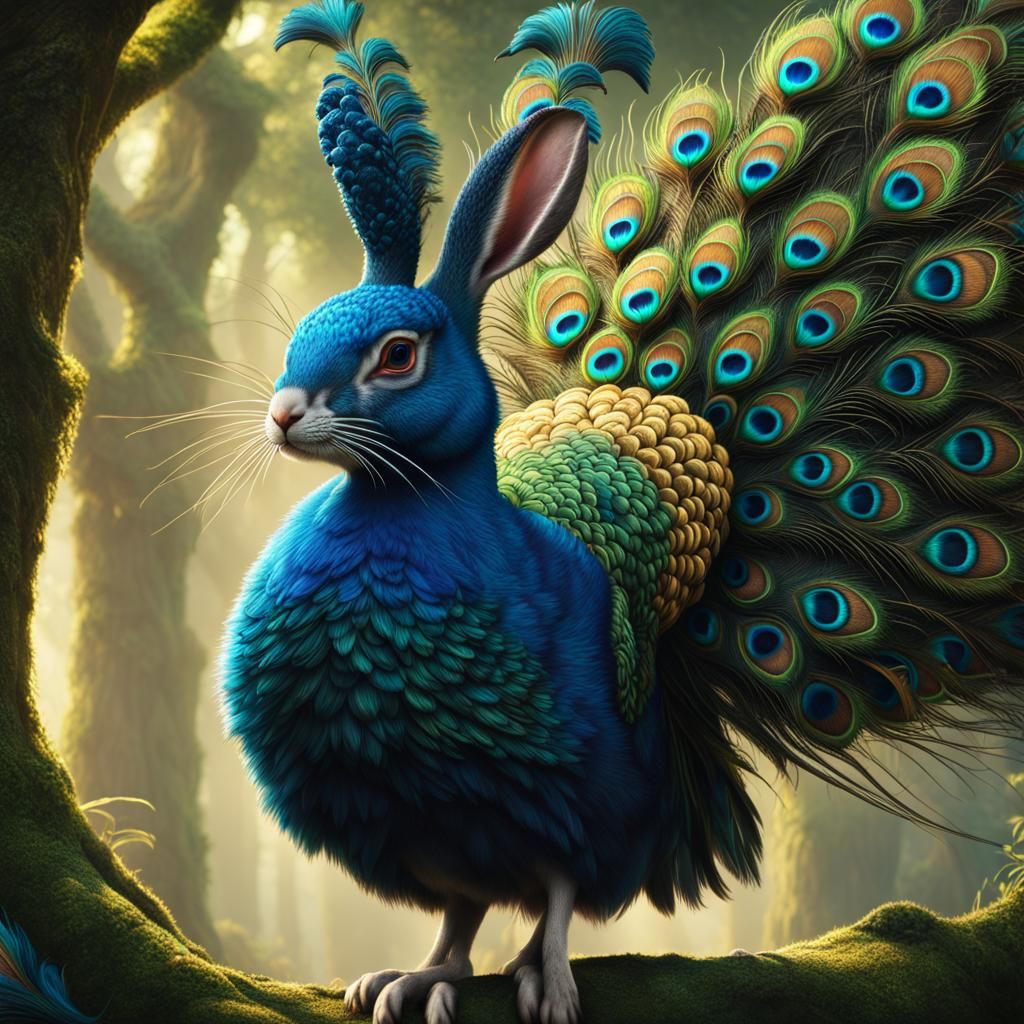 Rabbit Peacock Hybrid in a Fantasy Landscape