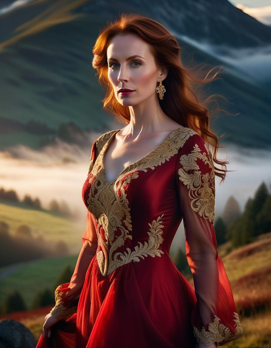 Baroque Woman in Misty Mountain Landscape