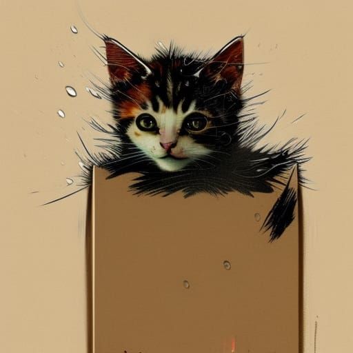 Stray Kitten in Rain, Digital Art by Rutkowski