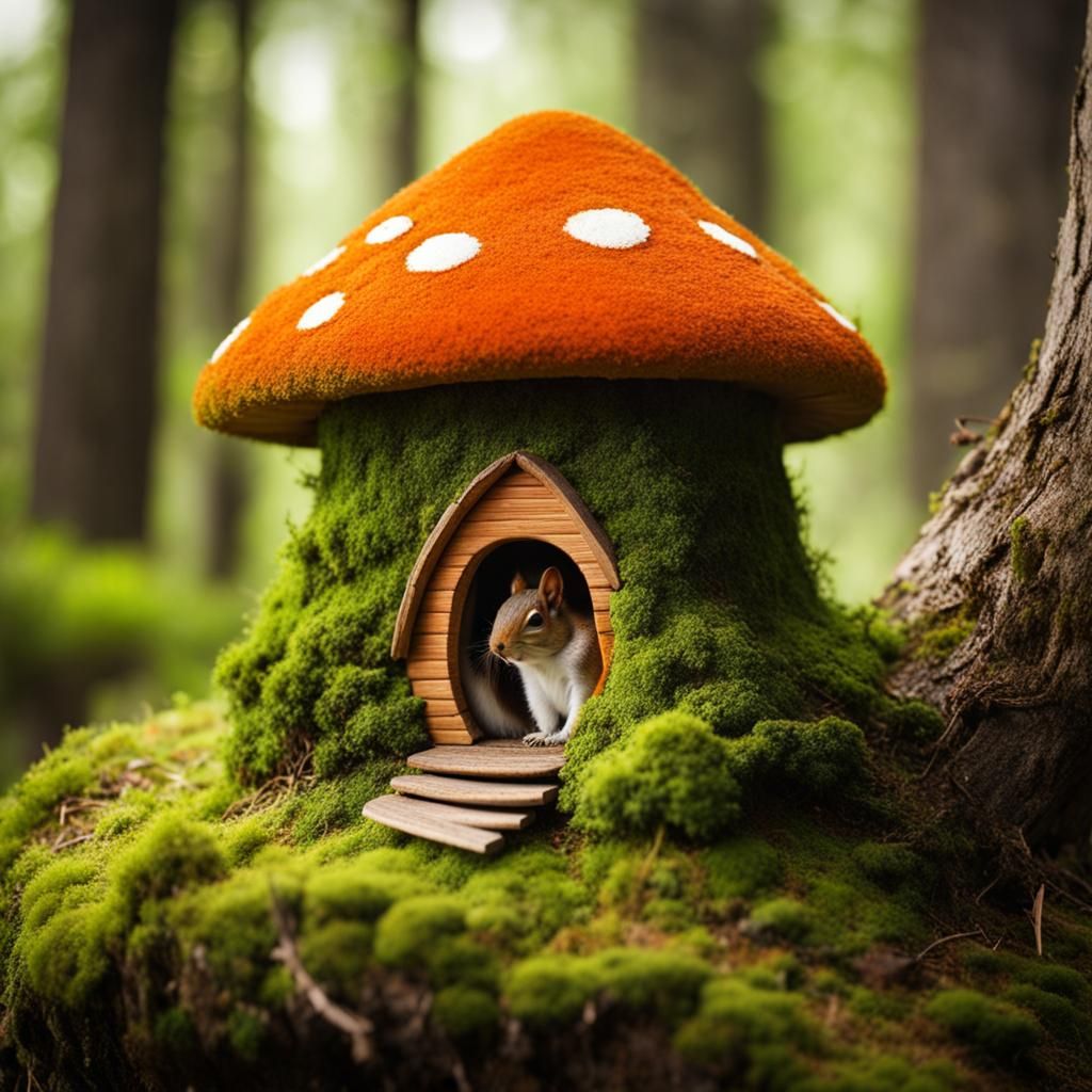 Mushroom House Optical Illusion with Moss Squirrel