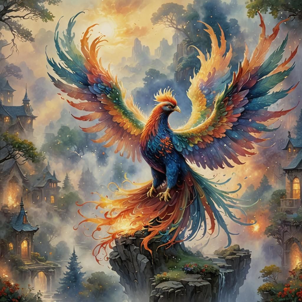 Ethereal Watercolor Phoenix in Flight