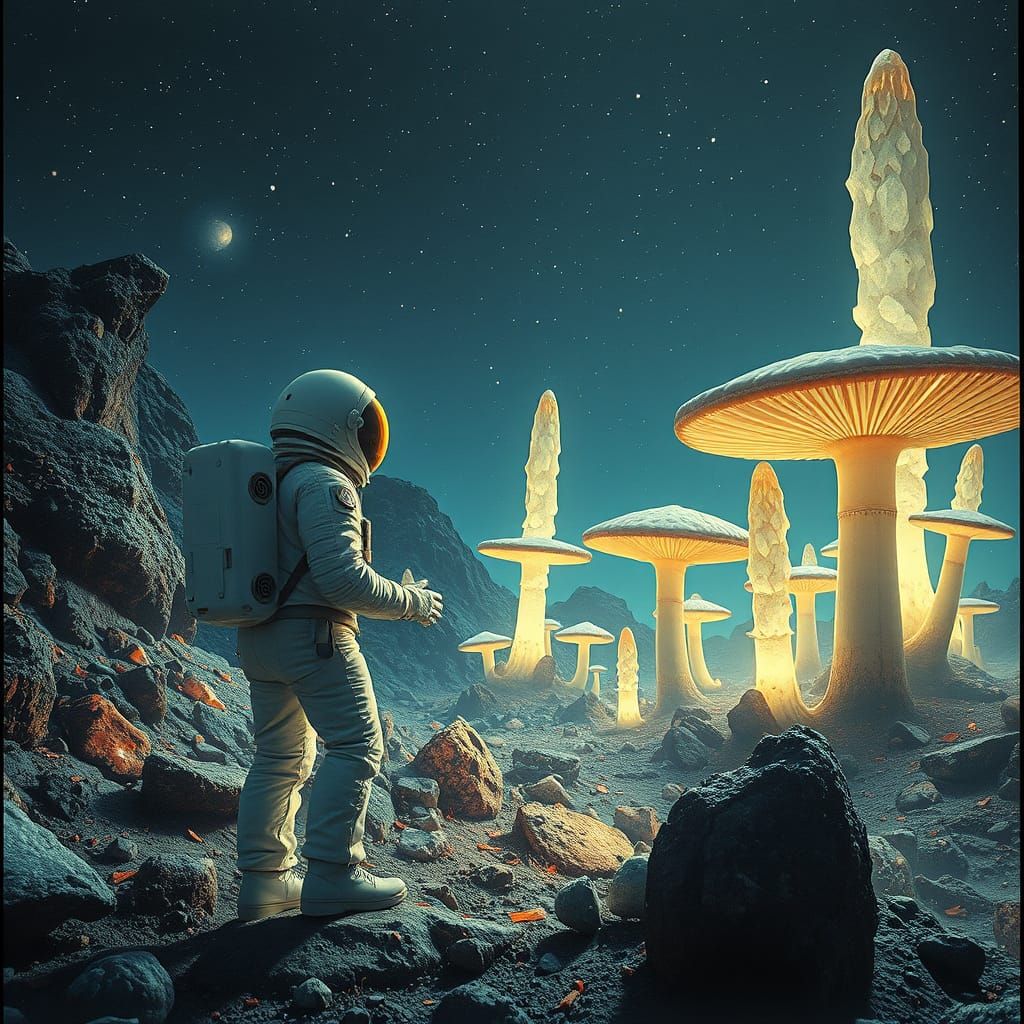 Astronaut Discovers Glowing Mushroom Grove on Alien Planet