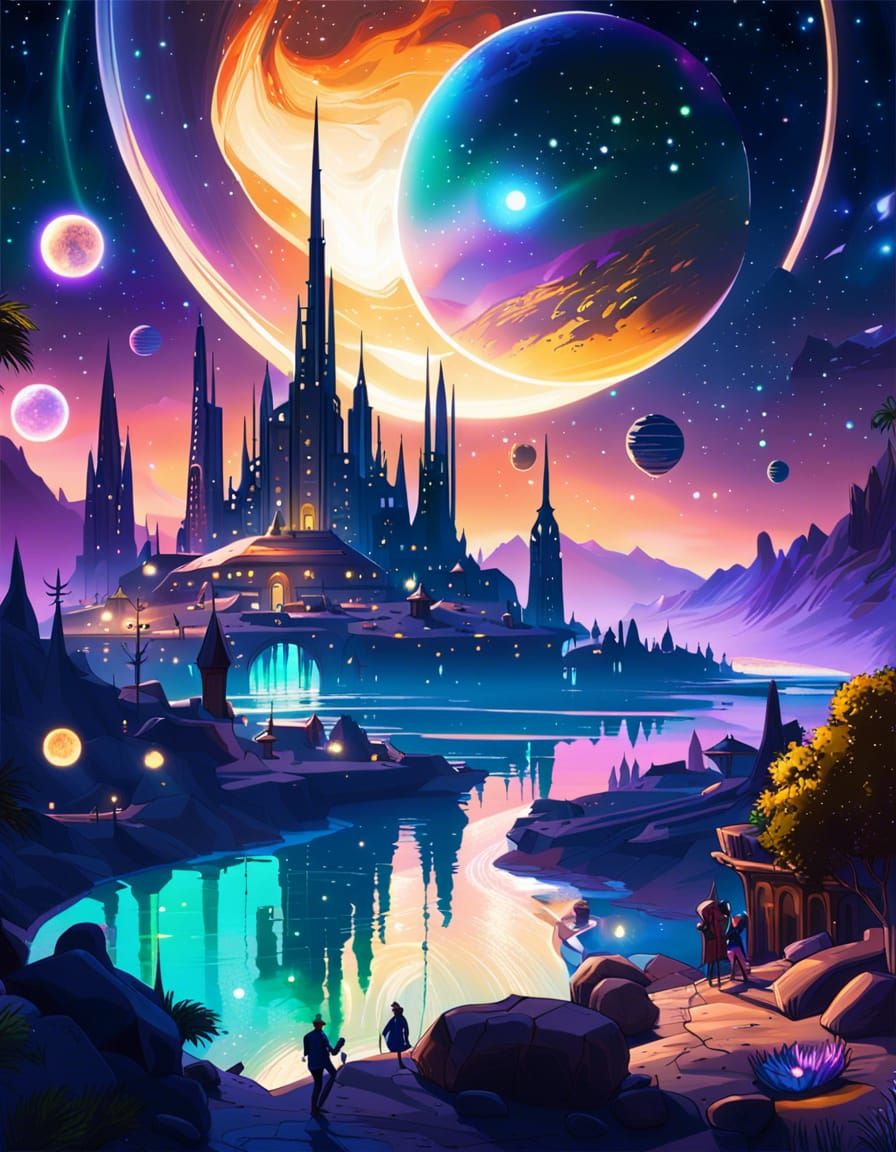 Utopian Cityscape with Planets in a Lush Landscape