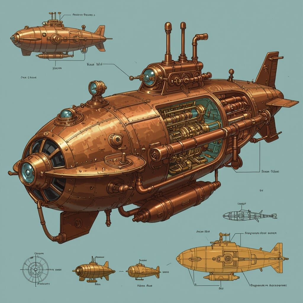 Steampunk Submarine Technical Diagram with Art Nouveau Flair