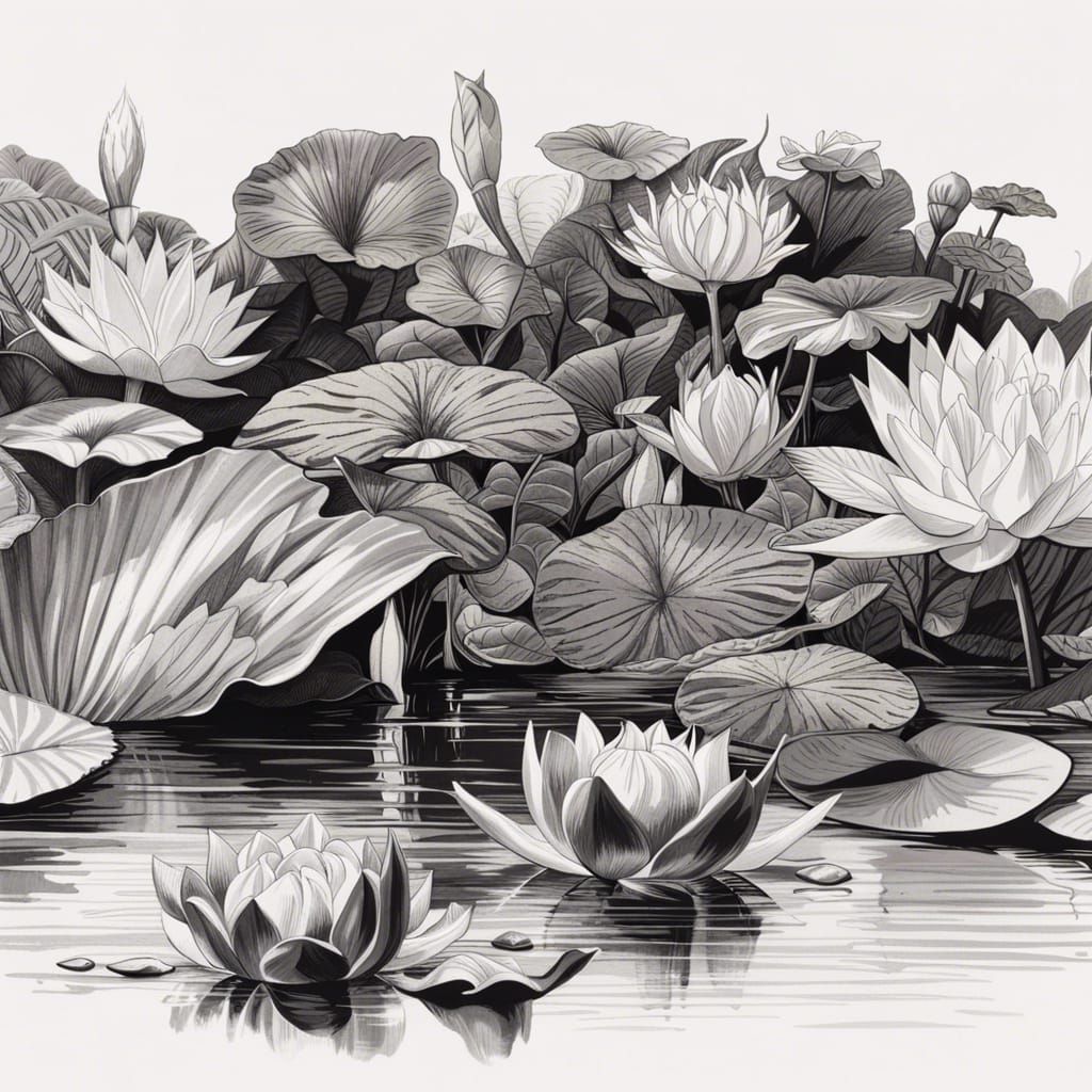 Detailed Botanic Ink Illustration of Water Lilies