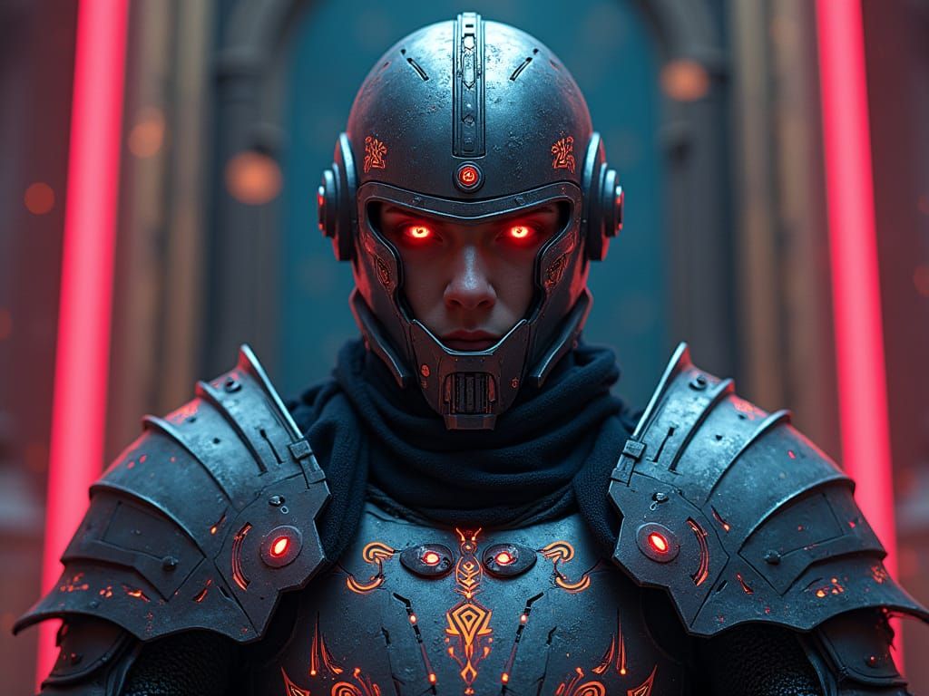 Cybernetic Knight in Neon Throne Room