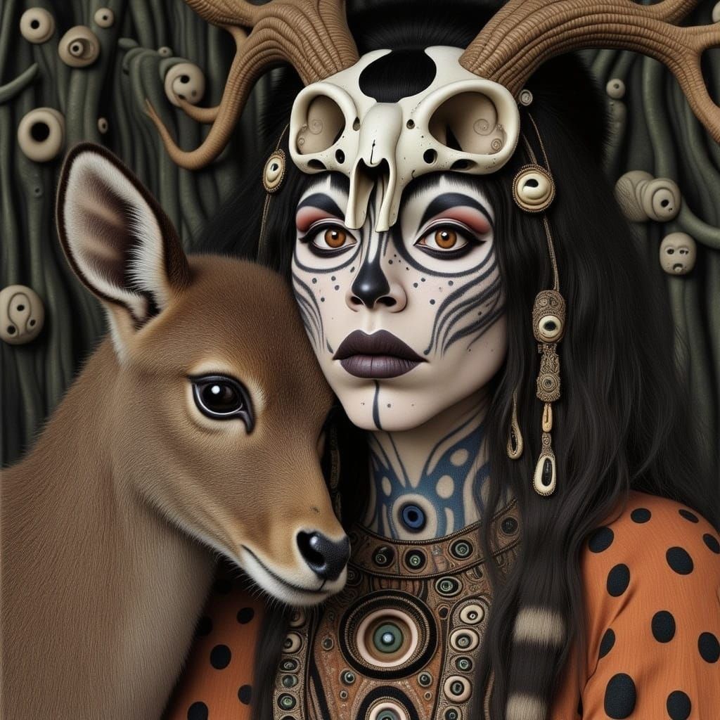 Native American Woman with Fawn and Stag Skull