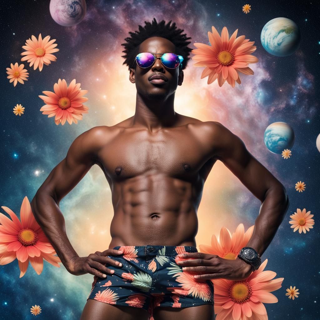 Young Man in Space with Sunglasses and Shorts