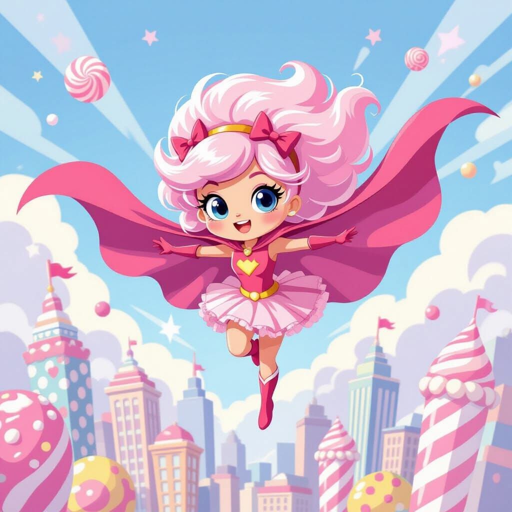 Cute Powder Puff Girl Superhero Soaring Over Candy Cityscape