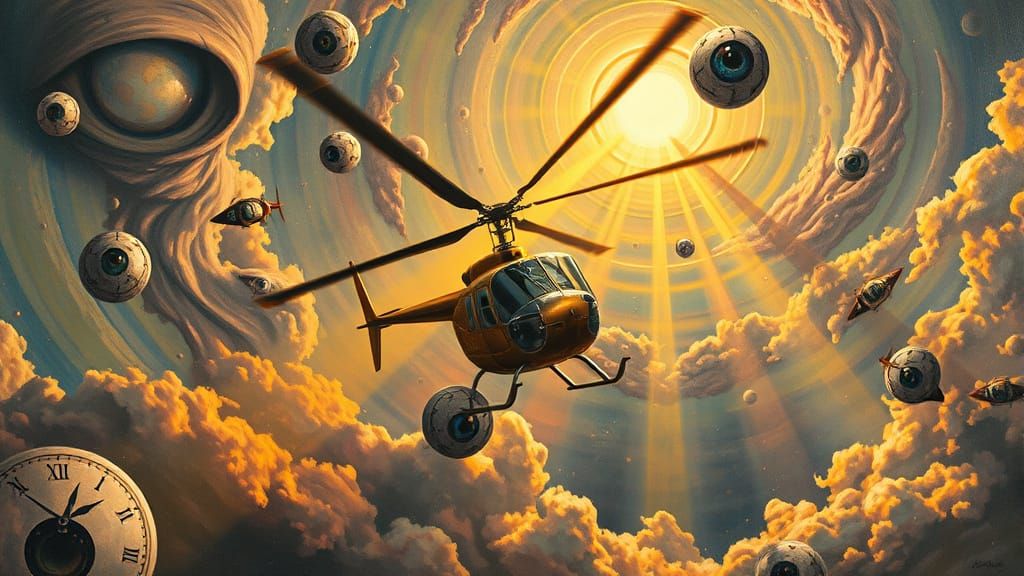 Surreal Helicopter Ascends in Celestial Dreamscape