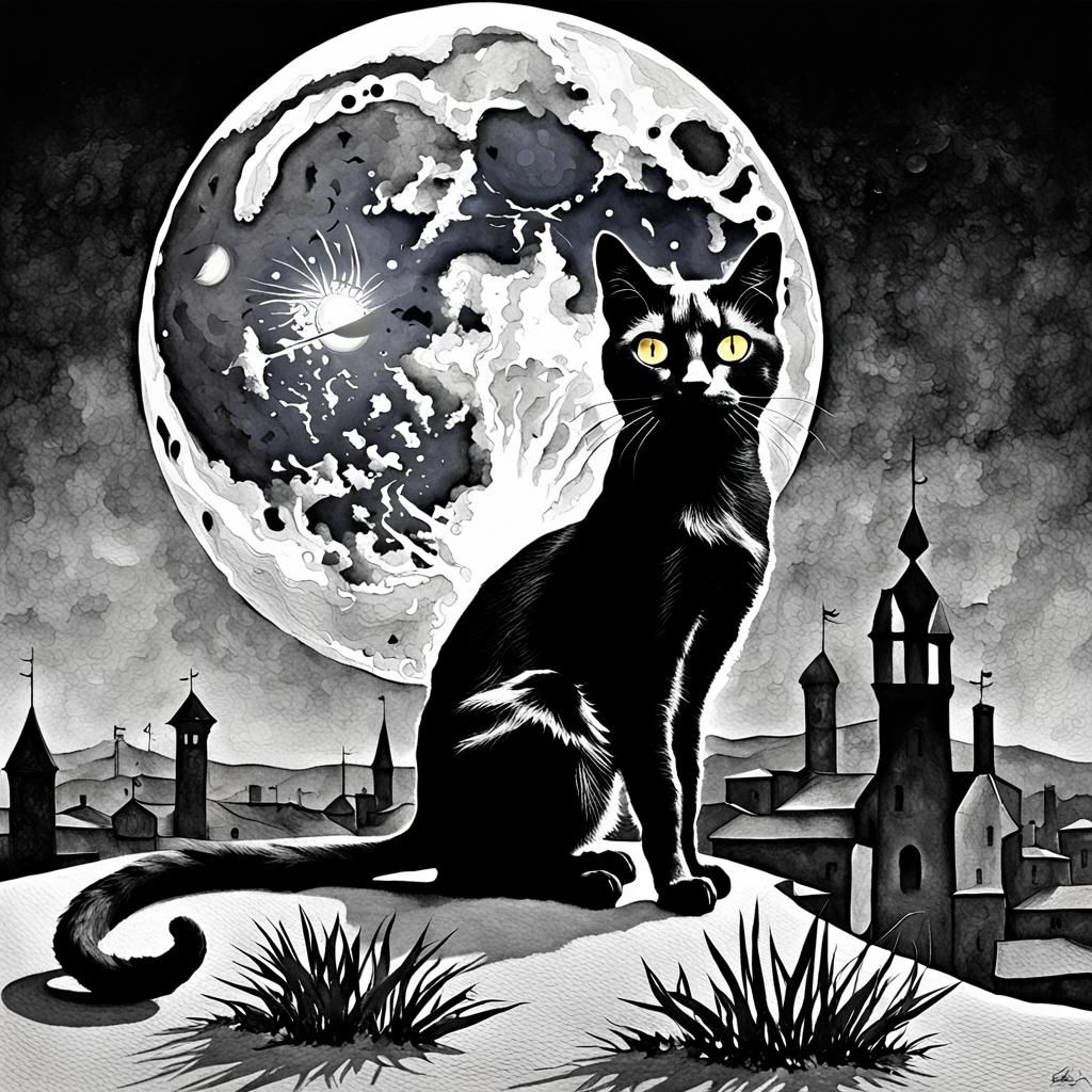 Black Cat Under Full Moon in Surrealist Style