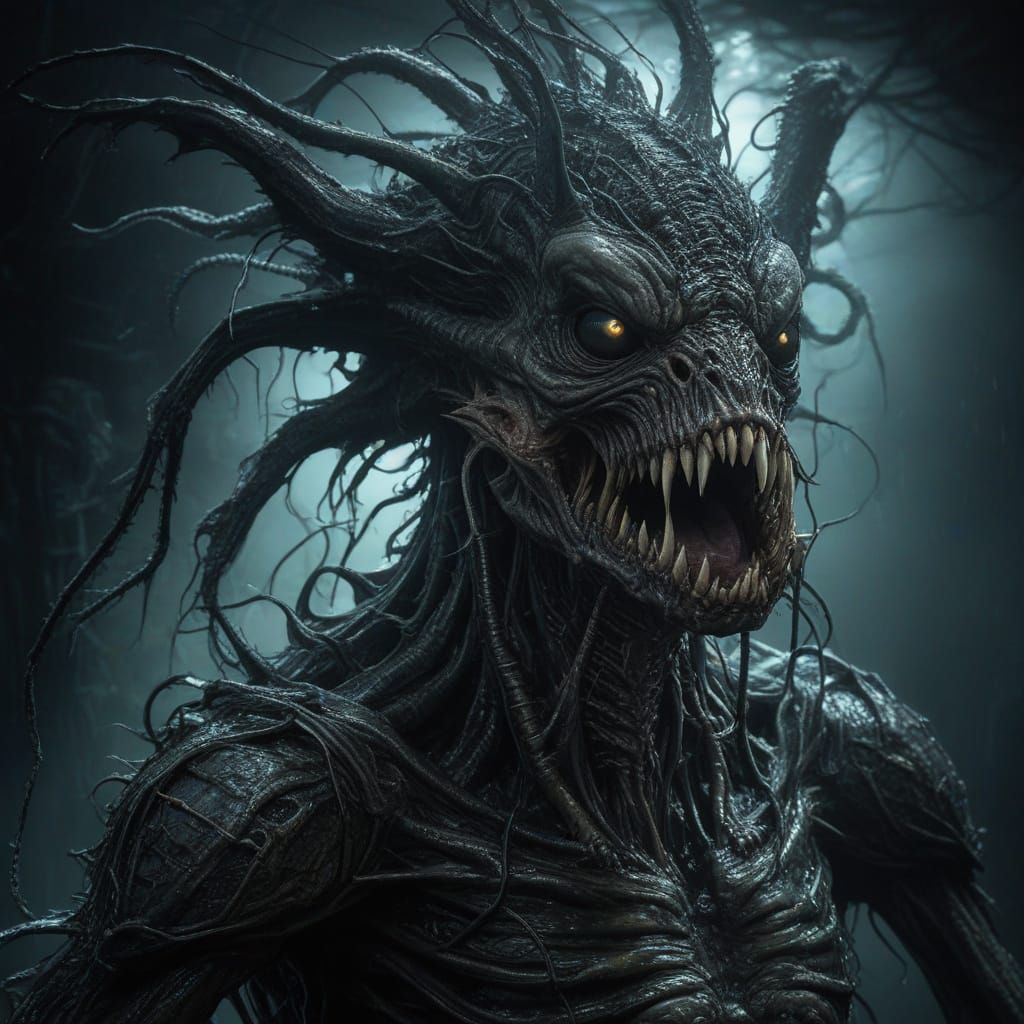 Eerie Biomechanical Sea Monster in Dark, Hyperrealistic Unde...