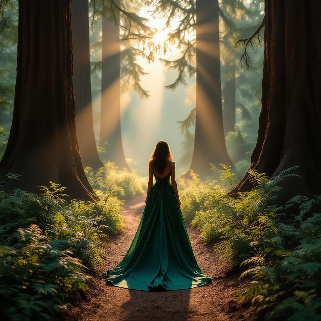 Ethereal Figure in Emerald Gown in Misty Forest at Dawn