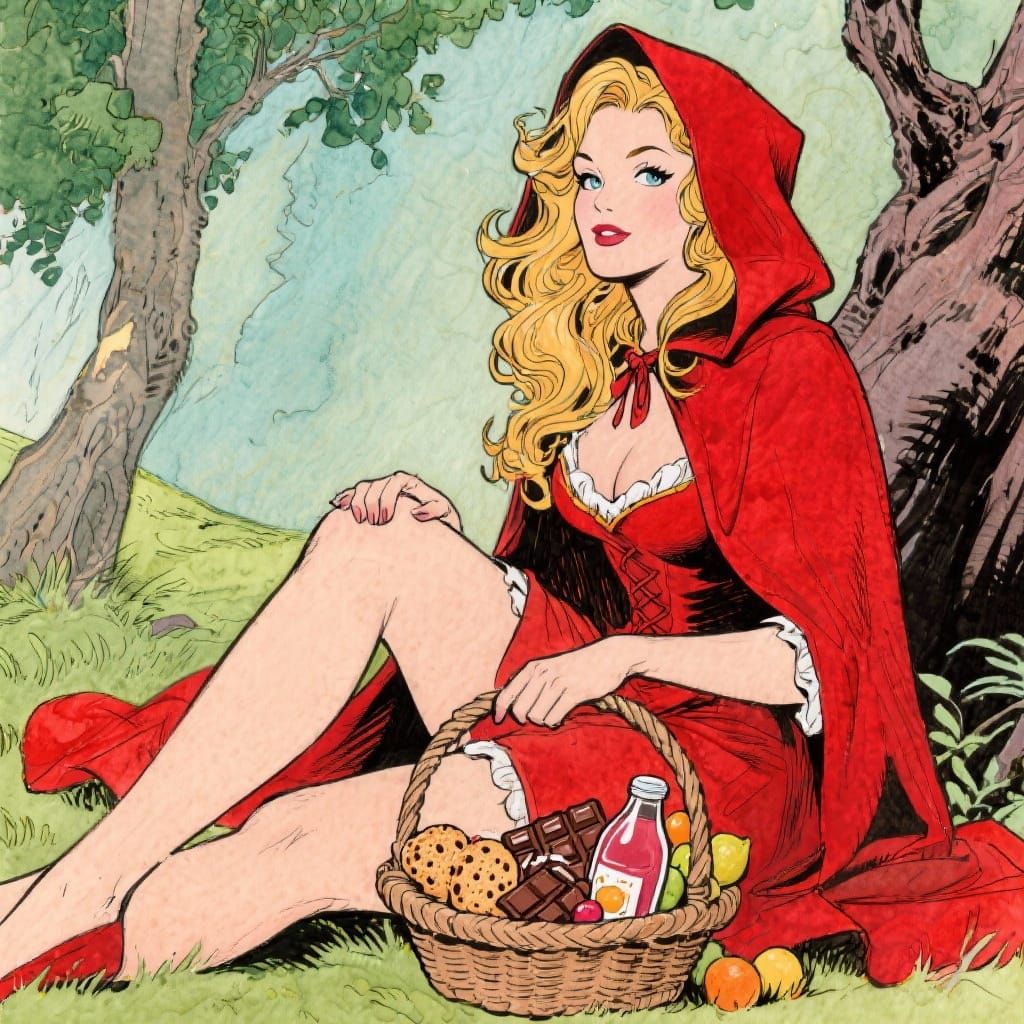 Woman in Red Riding Hood Outfit with Picnic Basket