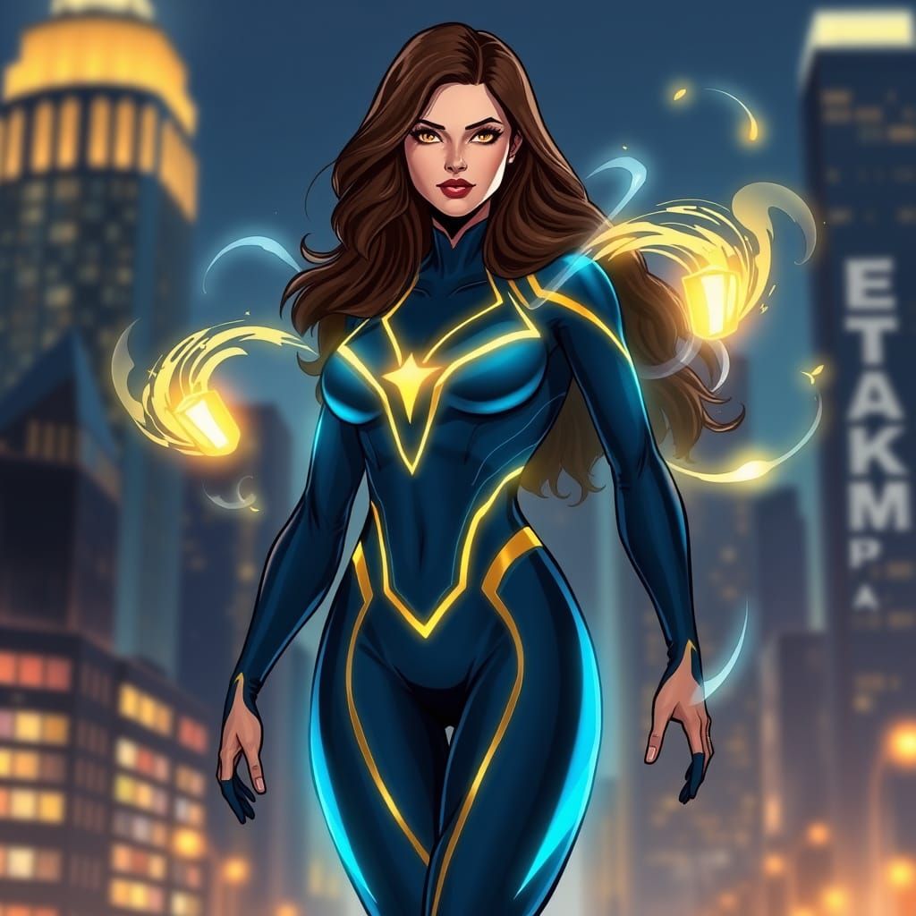 Majestic Female Superhero Lumina in Dark Navy Blue Bodysuit