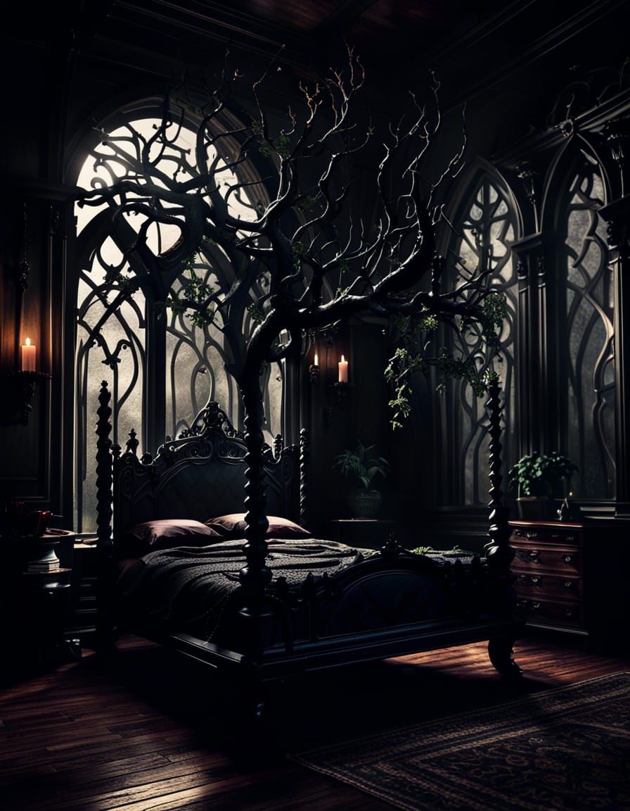 Dark Gothic Bedroom with Twisted Ironwork