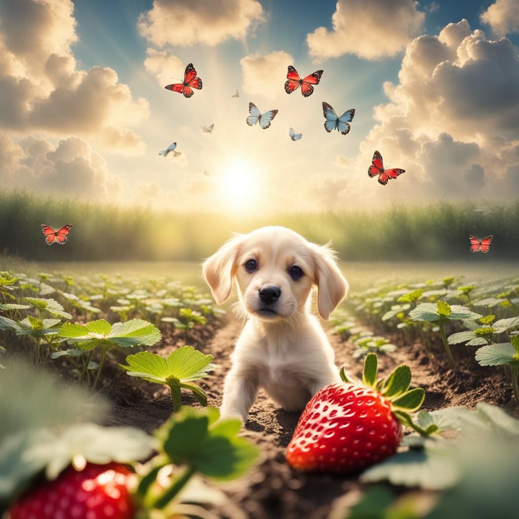Puppy in Strawberry Field with Butterflies
