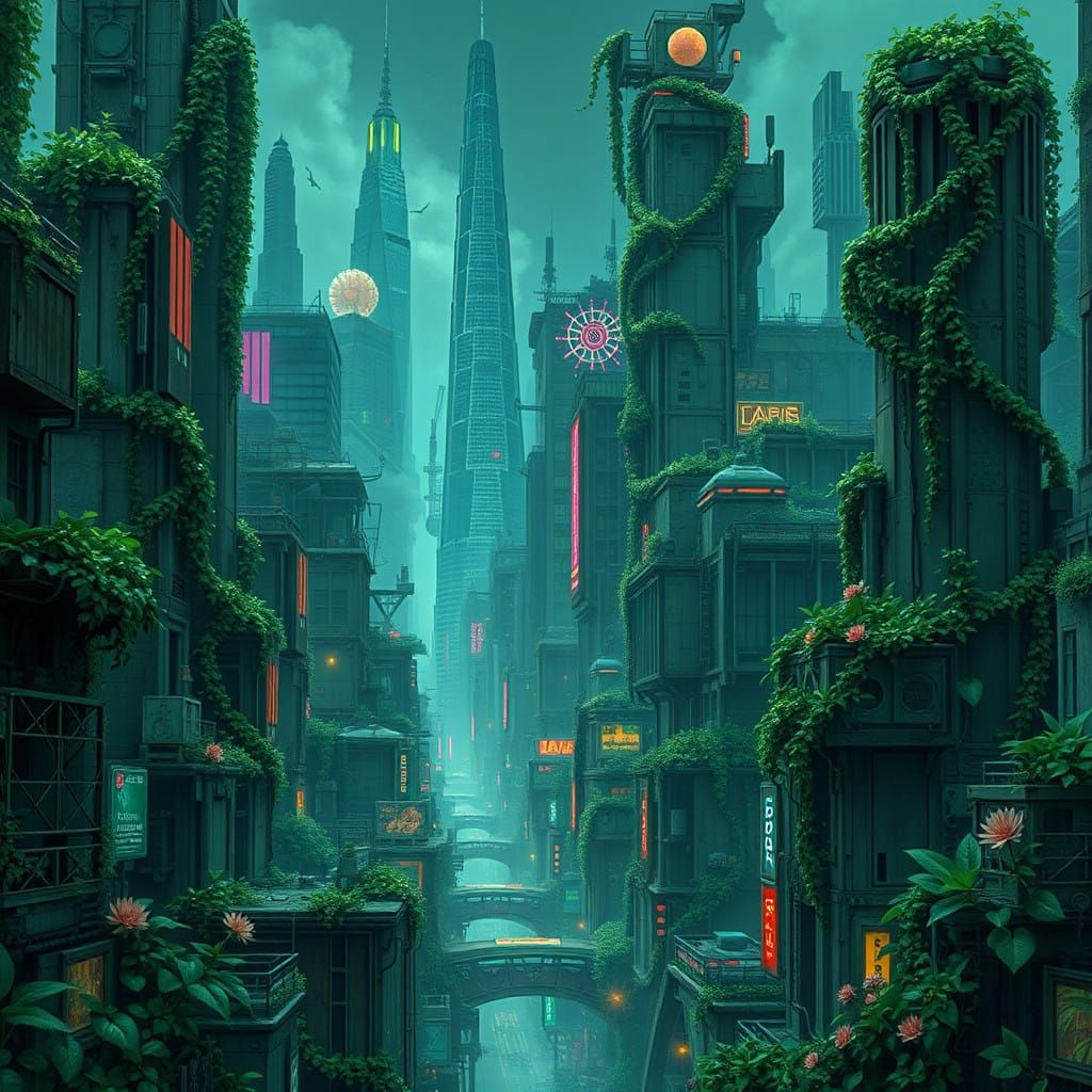 Futuristic Urban Jungle Overgrown with Lush Greenery and Blo...