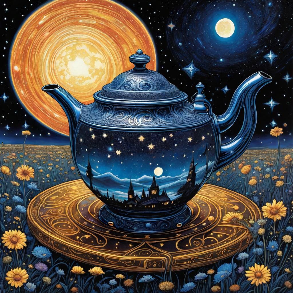 Gothic Tea Pot in Tim Burton Style with Galaxy