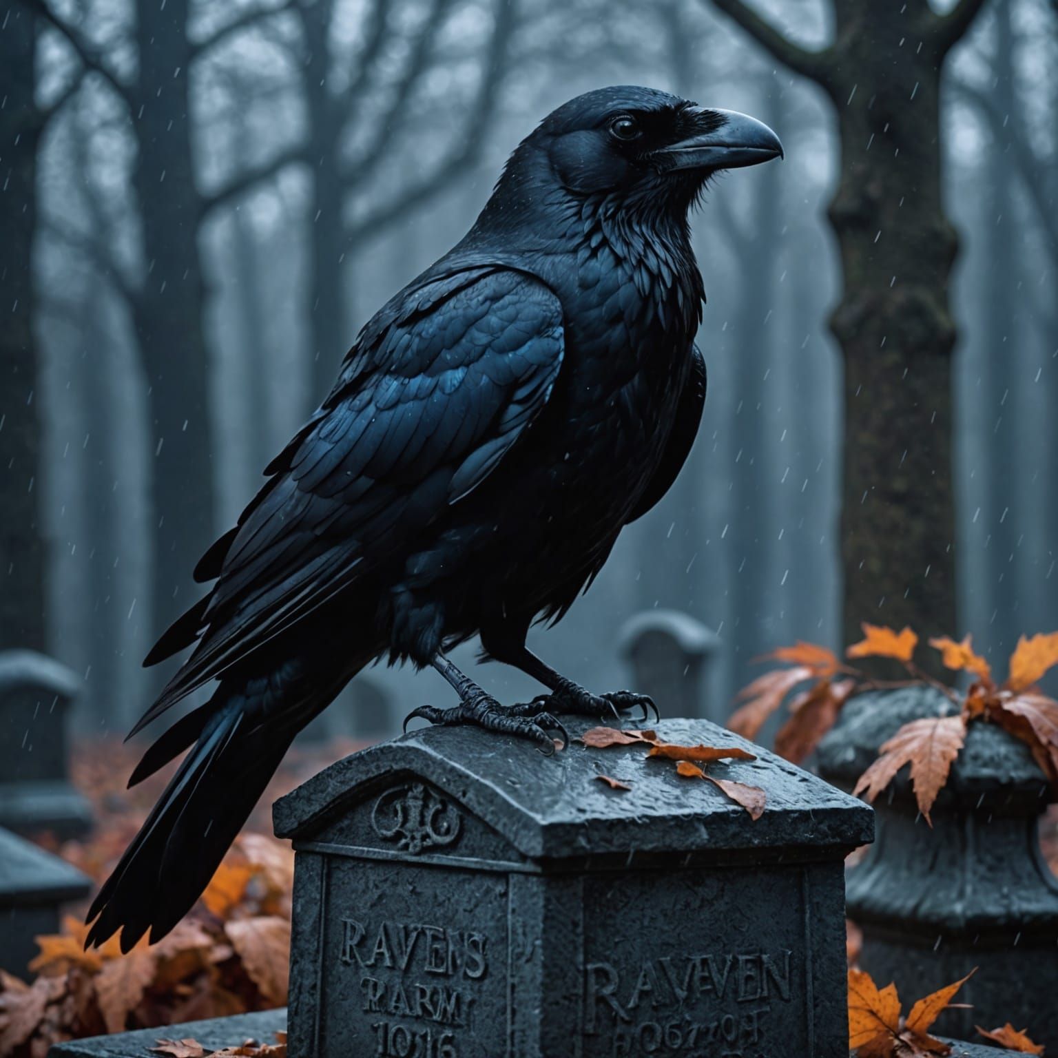 Raven on Tombstone in Dark Fantasy Style